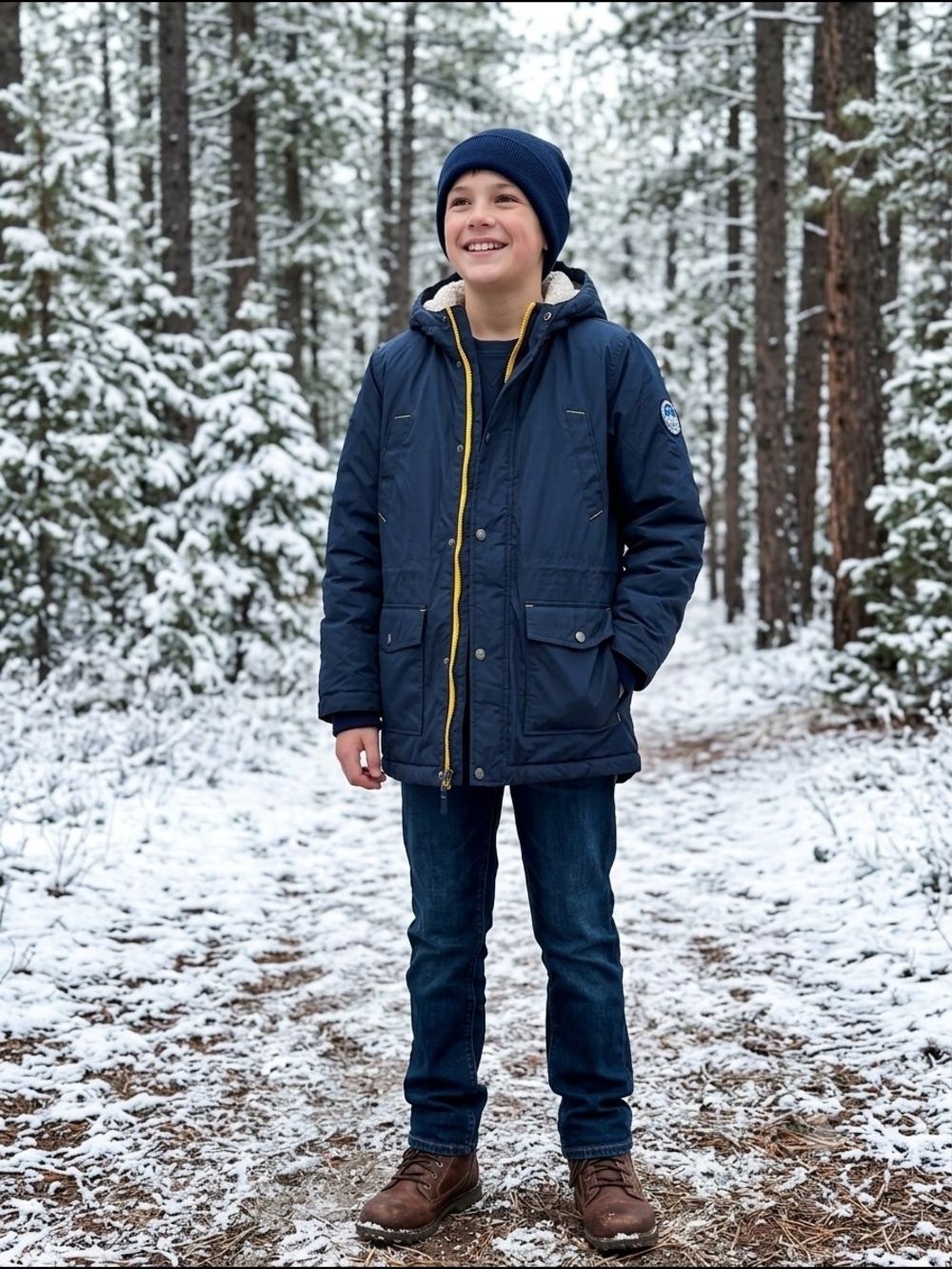Lands' End Boys Navy Hooded Sherpa-Lined Goose Down Parka with Yellow Trim